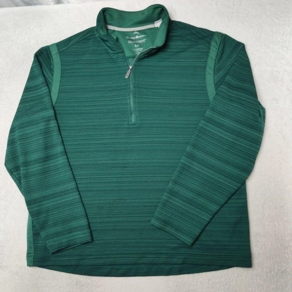 Tommy Bahama Pullover Mens L Green IslandZone 1/4 Zip Mock Neck Striped Golf